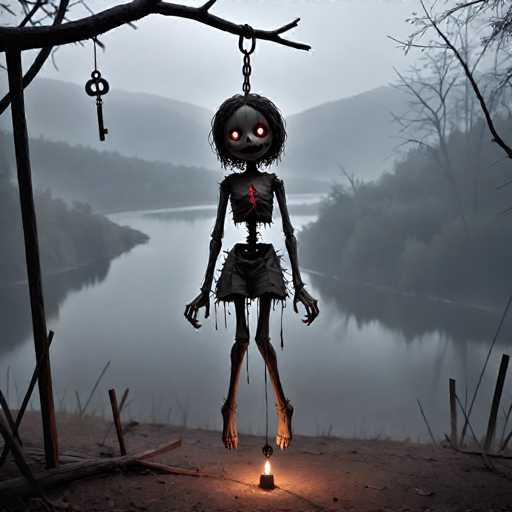 A black skeleton with red eyes and a red heart is suspended from a tree branch by a chain, with a small lantern on the ground below it. The scene takes place near a body of water, possibly a river or lake, surrounded by trees and foggy mountains in the background.