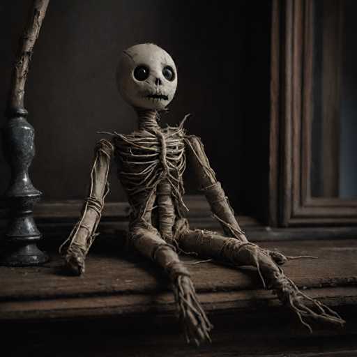 A creepy skeleton doll is sitting on a wooden shelf with its arms and legs crossed over itself. The doll has a sad expression and appears to be made of straw or twine.