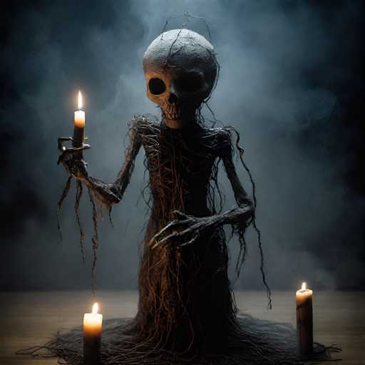 A creepy skeleton with long tendrils is holding a lit candle on a table covered in black spiderwebs and smoke.