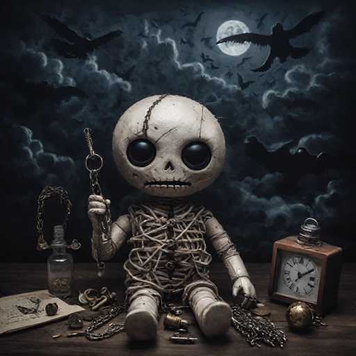 The image depicts a creepy skeleton doll sitting on a wooden table surrounded by various objects including a clock, a bottle of perfume, and a book. The scene is set against a dark blue sky with clouds, creating an eerie atmosphere.