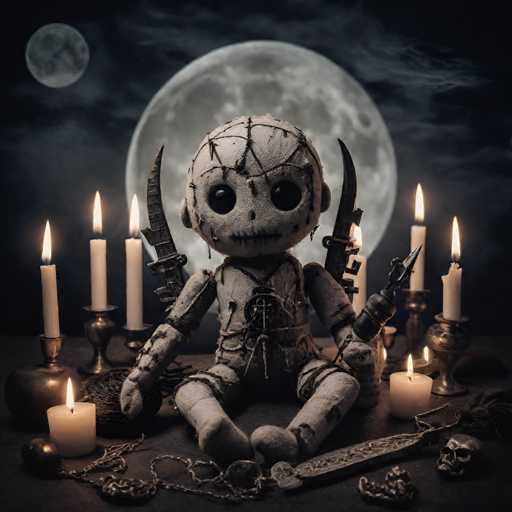 The image depicts a creepy doll with a face and arms, sitting on the ground surrounded by candles and other eerie objects. The background is dark and features a full moon, creating an atmosphere of mystery and fear.