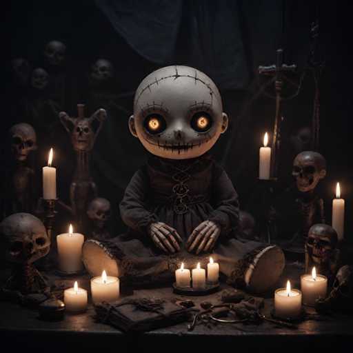 The image depicts a doll with a face painted on it and dressed in a black dress sitting at the center of a table surrounded by candles and skulls. The dolls' position is central to the scene, drawing attention to its eerie atmosphere.