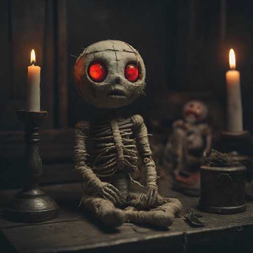 A creepy skeleton doll with red eyes and a white face sits on a wooden table next to two candles - one white and the other black.
