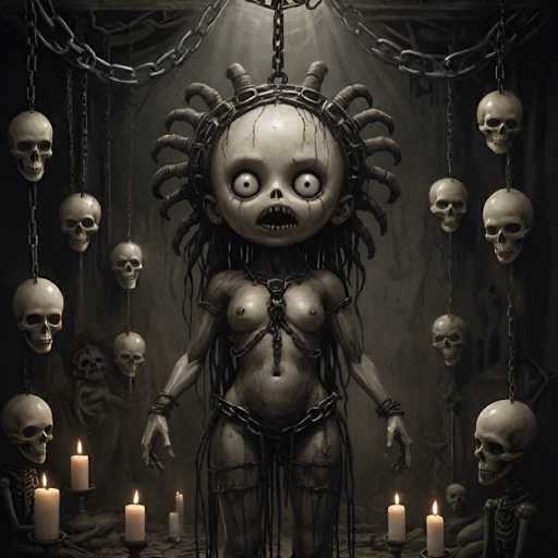 The image depicts a woman with long hair and a headdress chained to the ceiling, surrounded by numerous skulls hanging from chains above her. The scene is set against a dark background, creating an eerie atmosphere.