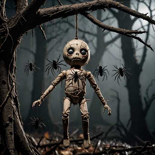 A creepy doll with a spider web around its neck is hanging from a tree branch in the middle of a forest.
