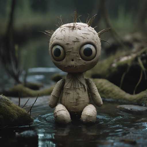 A creepy doll with a stick stuck in its head is sitting in water surrounded by rocks and trees.