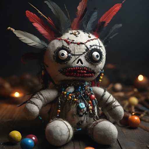 A creepy doll with red and black feathers on its head and neck, wearing a necklace of beads and buttons around its neck, sitting on a wooden surface surrounded by colorful balls.