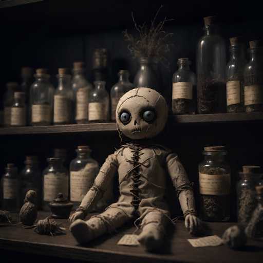 A creepy doll with a white face and brown hair sits on a shelf filled with glass bottles and jars of various sizes and shapes. The doll is dressed in a simple outfit consisting of a white shirt and brown pants, and it has a small bag around its neck.