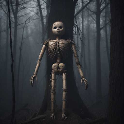 A creepy skeleton with white hair and a rope around its neck stands on the ground in front of a tree in a dark forest.