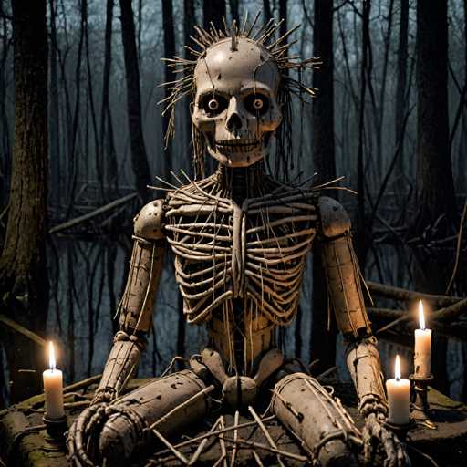 A life-size sculpture of a skeleton made entirely out of sticks and twigs is the central focus of this image. The skeleton is seated on a rock with its arms resting on its knees in a contemplative pose. Two candles are placed to the left side of the sculpture, casting a warm glow that contrasts with the cool tones of the surrounding forest.
