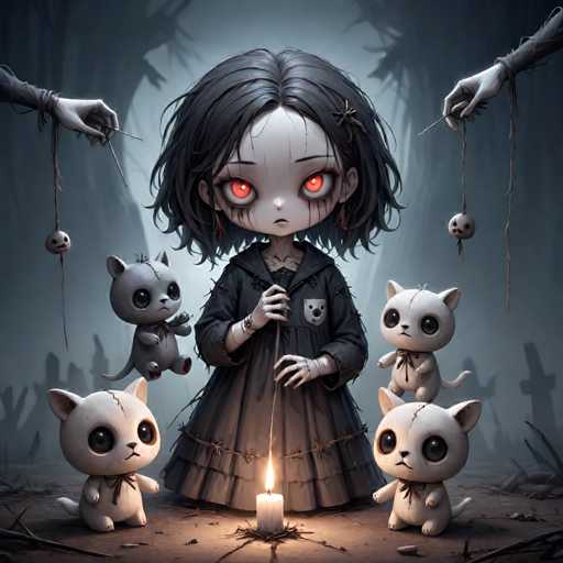 The image depicts a young girl with red eyes standing in front of a group of white dolls arranged around her on the ground. The dolls appear to be in various states of wear and tear, suggesting that they have been well-loved or neglected over time. A single candle is lit at the center of the scene, casting a warm glow and adding an element of mystery to the overall atmosphere.