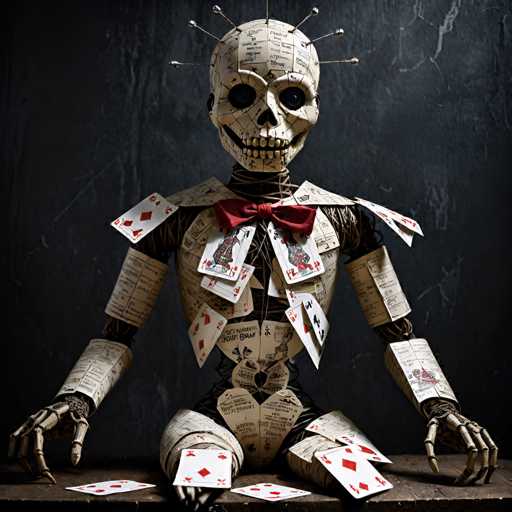 A meticulously crafted paper mache skeleton with a red bowtie and a crown of playing cards is the central focus of this image. The skeleton's head is adorned with a skull mask, adding an eerie touch to its otherwise whimsical appearance. The skeleton is seated on a wooden table, surrounded by numerous playing card cutouts in various colors and sizes.
