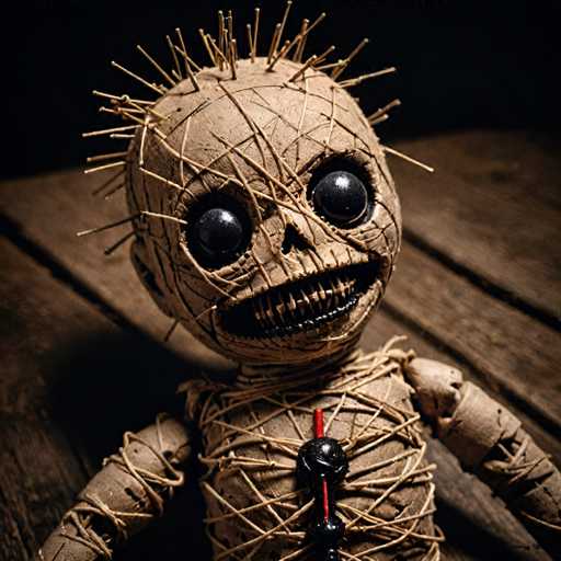 The image shows a creepy doll with a face and arms made from sticks and yarn. The doll has a red heart around its neck and is positioned on the right side of the frame.
