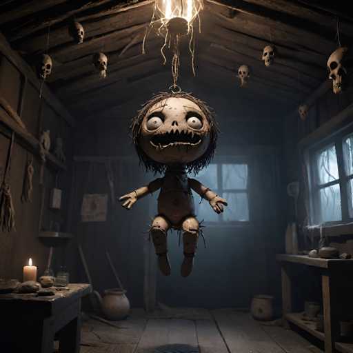 The image depicts an eerie scene set within a dilapidated room with a wooden floor and walls. Suspended from the ceiling is a doll with a creepy smile and spiky hair, giving the impression of a ghostly figure. The room contains various objects scattered around, including a pot on the ground, a candle, and several skulls hanging from the ceiling.