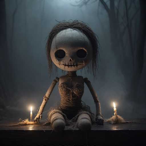 A creepy doll with a white face and brown hair sits on a wooden table, holding two candles that cast eerie shadows on the table's surface. The background is dark and filled with trees, creating an atmosphere of mystery and unease.
