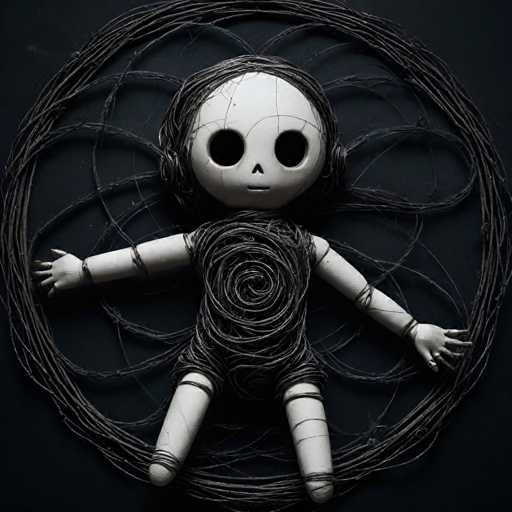 The image shows a white doll with black eyes and a small nose, positioned on its stomach facing towards the right side of the frame. The doll is surrounded by thin black lines that form a circular pattern around it, creating an abstract representation of the doll's form against a stark black background.
There are no texts or other objects in the image.