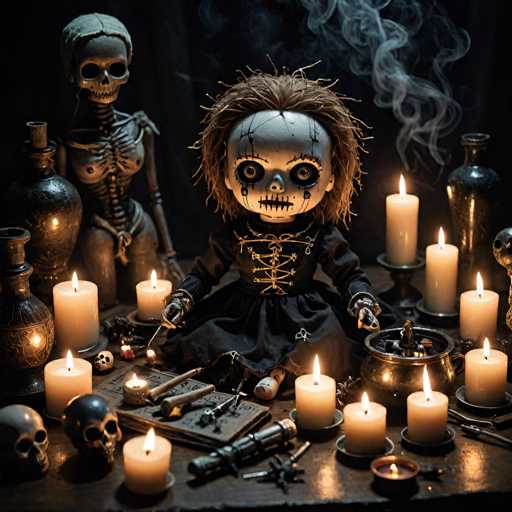 The image depicts an eerie scene set against a dark background with smoke rising from the top right corner. In the center of the image is a doll dressed in black clothing and makeup, sitting on a table surrounded by various objects including candles, vases, and other dolls. The objects are arranged in a way that suggests they might be part of a ritual or ceremony.