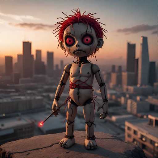 The image shows a small white doll with red hair and spiky hair standing on the edge of a cliff overlooking a cityscape at sunset. The doll is holding a cane and has a red rope tied around its neck.
