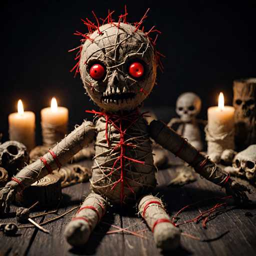 The image shows a creepy doll with red eyes and spiky hair sitting on a wooden table surrounded by various eerie objects such as skulls, candles, and a rope. The doll is dressed in a brown outfit that includes a red bandana tied around its neck.