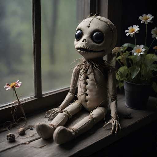 A creepy doll with a sad expression sits on a windowsill next to a potted plant filled with white flowers and green leaves.