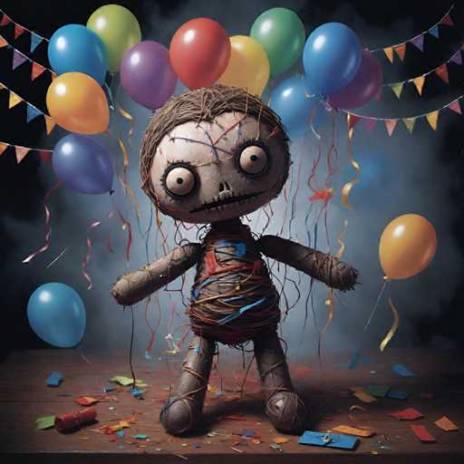 The image depicts a creepy doll with a face and arms made from yarn, surrounded by colorful balloons and confetti on a dark wooden table. The background is filled with streamers and bunting, creating an atmosphere of celebration or festivity.