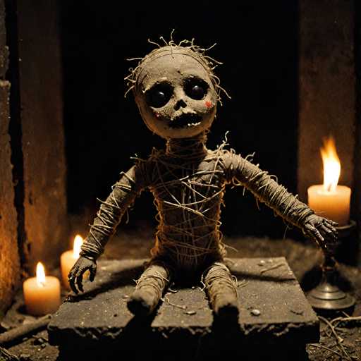 A creepy doll with long hair and a face made of sticks sits on a stone pedestal in front of two lit candles.
