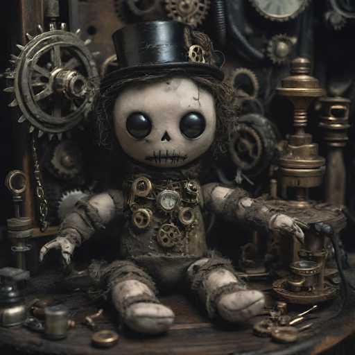 A creepy doll with a black top hat and a face made from a metal skeleton is sitting on a wooden table surrounded by various gears and clocks.