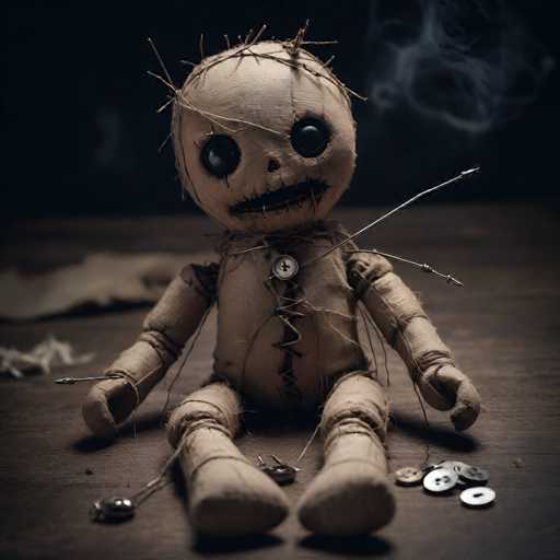 A creepy doll with a face and hands made from yarn sits on a wooden table surrounded by scattered buttons and needles.