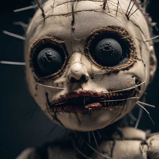 The image shows a close-up view of a doll's face with multiple piercings and a creepy expression. The doll is made from white fabric and has a red lip that contrasts with the dark background. The doll appears to be in poor condition, with visible signs of wear and tear such as holes in its clothing and a missing eye.