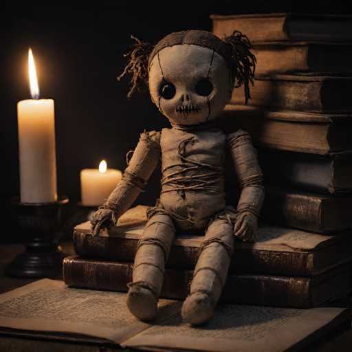 A creepy doll with a white face and brown hair is sitting on top of a stack of books. The doll has a rope tied around its neck and appears to be made from cloth or fabric. The scene takes place in the dark, with a candle burning nearby.