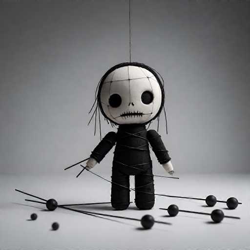 A black and white doll with a rope around its neck is the central focus of this image. The doll's face features a pair of eyes and a mouth, giving it a lifelike appearance. The doll is positioned on a gray surface, surrounded by small black balls scattered around it.
