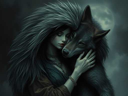 The image depicts a woman with long hair embracing a wolf on her shoulder against a dark background. The wolf is positioned behind the woman and appears to be looking at her intently.