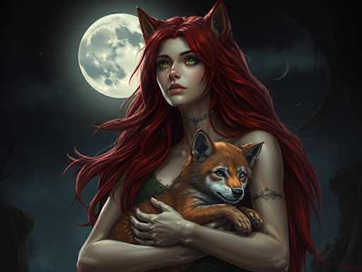 A woman with long red hair and a green necklace is holding a brown fox on her lap against the backdrop of a full moon.
