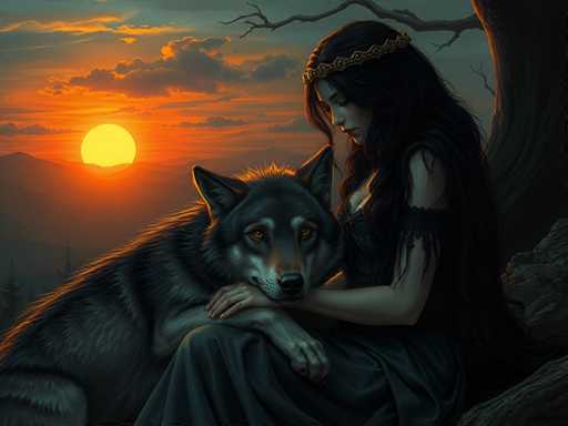 The image depicts a woman and a wolf sitting together on a rock. The woman is wearing a black dress with a gold crown, while the wolf has dark fur. They are positioned against a backdrop of a sunset over mountains.