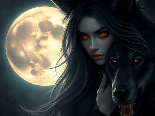 The image depicts a woman with long dark hair and red eyes standing next to a black wolf. The wolf is positioned on the right side of the frame, while the woman is located more towards the center. They are both facing away from each other, creating an interesting visual dynamic between them.