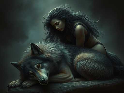 The image depicts a woman and a wolf sitting together on a rock. The woman is wearing a black tank top and has long dark hair that flows down her back. She is looking directly at the camera with an intense gaze. The wolf is lying on its side with its head resting on the rock, facing away from the camera.