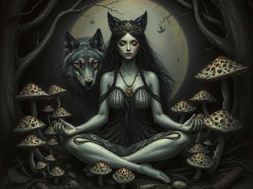 The image depicts a woman sitting cross-legged on her hands and knees with her legs crossed, wearing a black dress adorned with gold accents. She is surrounded by mushrooms of varying sizes and shapes, some of which are white in color. A wolf stands guard behind the woman, its gaze fixed on her. The background features trees and bushes, creating an atmosphere of mystery and intrigue.