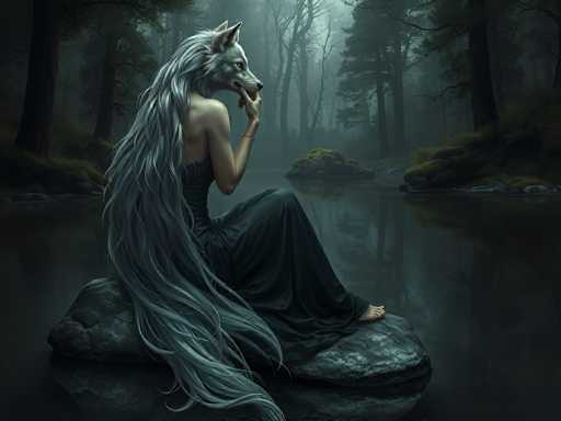 A woman with long blonde hair is sitting on a rock in front of a body of water. She is wearing a black dress and holding her hand to her mouth. The background features trees and bushes, creating an impressionistic style that emphasizes the overall mood rather than specific details.