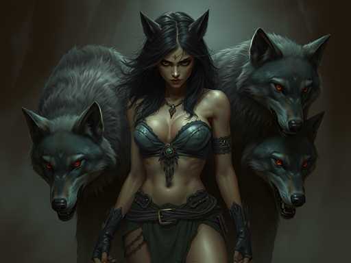 The image depicts a woman with long dark hair and black attire standing in front of four gray wolf heads. The wolves have red eyes and appear to be staring at the woman.