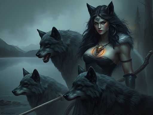 The image depicts a woman with long dark hair and a necklace standing next to three black wolves on the left side of the frame. The background features a cloudy sky and trees, creating an atmospheric setting for the scene.