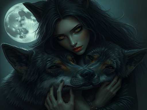 The image depicts a woman with long dark hair and striking blue eyes embracing two large gray wolves. The wolf on the left is positioned slightly behind the woman's head, while the one on the right is directly in front of her face. Both dogs are facing away from the camera, their attention seemingly captured by something outside the frame.