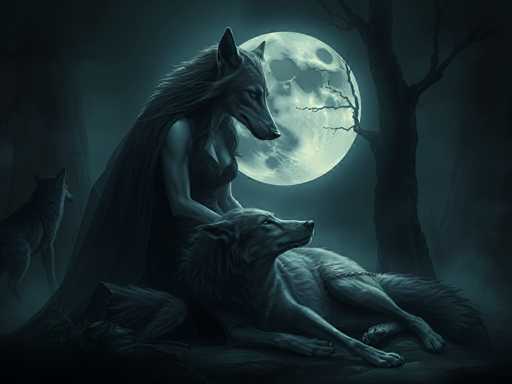 The image depicts a wolf and a woman sitting together under a full moon. The wolf is lying on its side with its head resting on the woman's lap, while the woman sits upright in front of it. In the background, there are two more wolves standing near some trees.