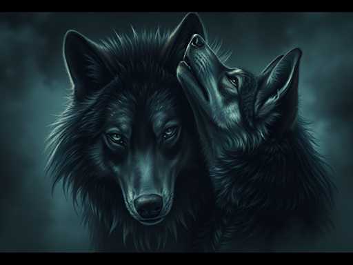 The image shows two black wolves standing close together with their eyes closed and ears perked up against a dark blue background. The wolf on the left is slightly larger than its companion on the right, creating an interesting visual dynamic.