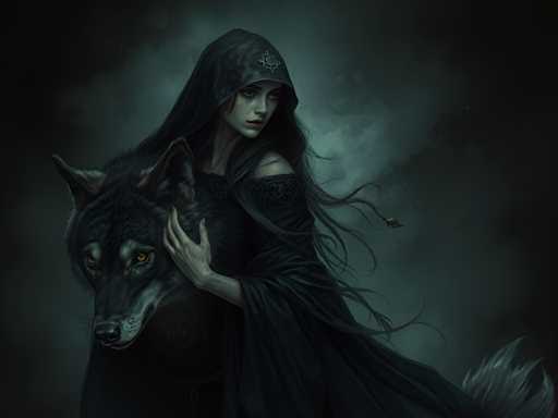 The image depicts a woman and a wolf standing together against a dark background. The woman is wearing a black robe with a hood, while the wolf has its eyes closed.
