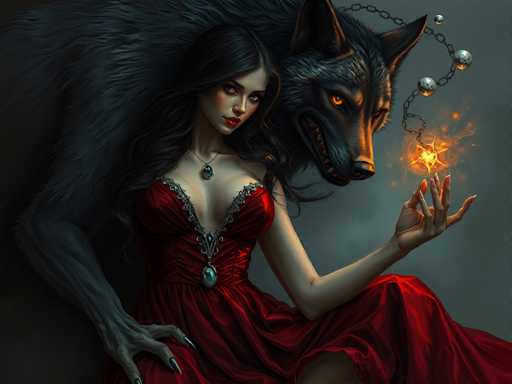 A woman with long dark hair is seated on a gray rock and holding a glowing orb of fire. A large wolf with black fur stands behind her, its eyes focused on the orb. The background is a deep shade of blue, providing a stark contrast to the vibrant colors of the woman's dress and the wolf's fur.