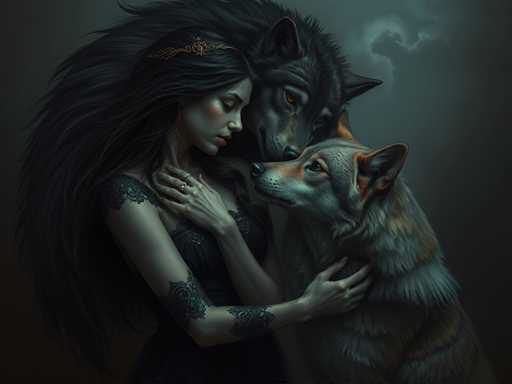 The image depicts a woman with long dark hair wearing a black dress and gold jewelry standing next to two gray wolves. The wolf on the left is looking at her while the other one looks away from her.