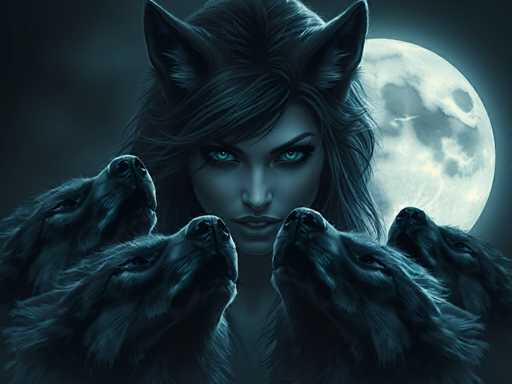 The image depicts a woman with long dark hair and green eyes standing in front of four wolf heads positioned at different angles. The background is a dark blue color that contrasts with the white full moon visible behind her.