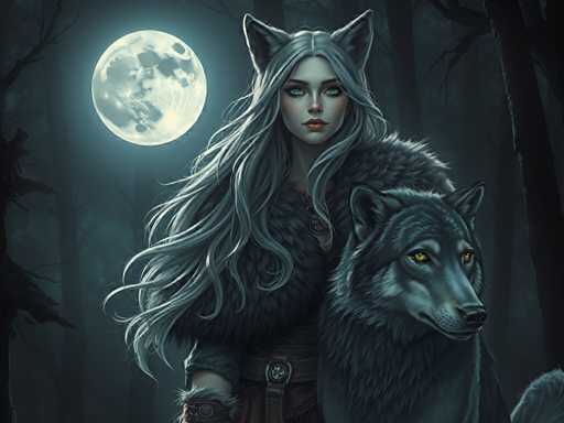 The image depicts a woman with long blonde hair and a fur coat standing next to a wolf in the woods under a full moon. The wolf is positioned on the right side of the frame, while the woman stands slightly behind it.