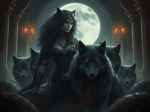 The image depicts a woman with long dark hair and a black dress standing on the left side of four large, dark-colored wolves. The wolf on her right is wearing a red bandana around its neck, while the other three are lying down in front of her.