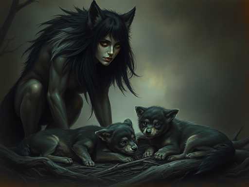 The image depicts a woman and two young dogs sitting on a bed with a tree branch as the backdrop. The woman is wearing a black outfit that contrasts with the dark background, while the dogs have dark fur matching her attire.